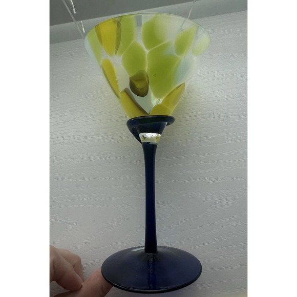 Hand Made In Romania Art Glass Martini Glass 7.5" Yellow Blue Swirl Stem - Picture 7 of 10